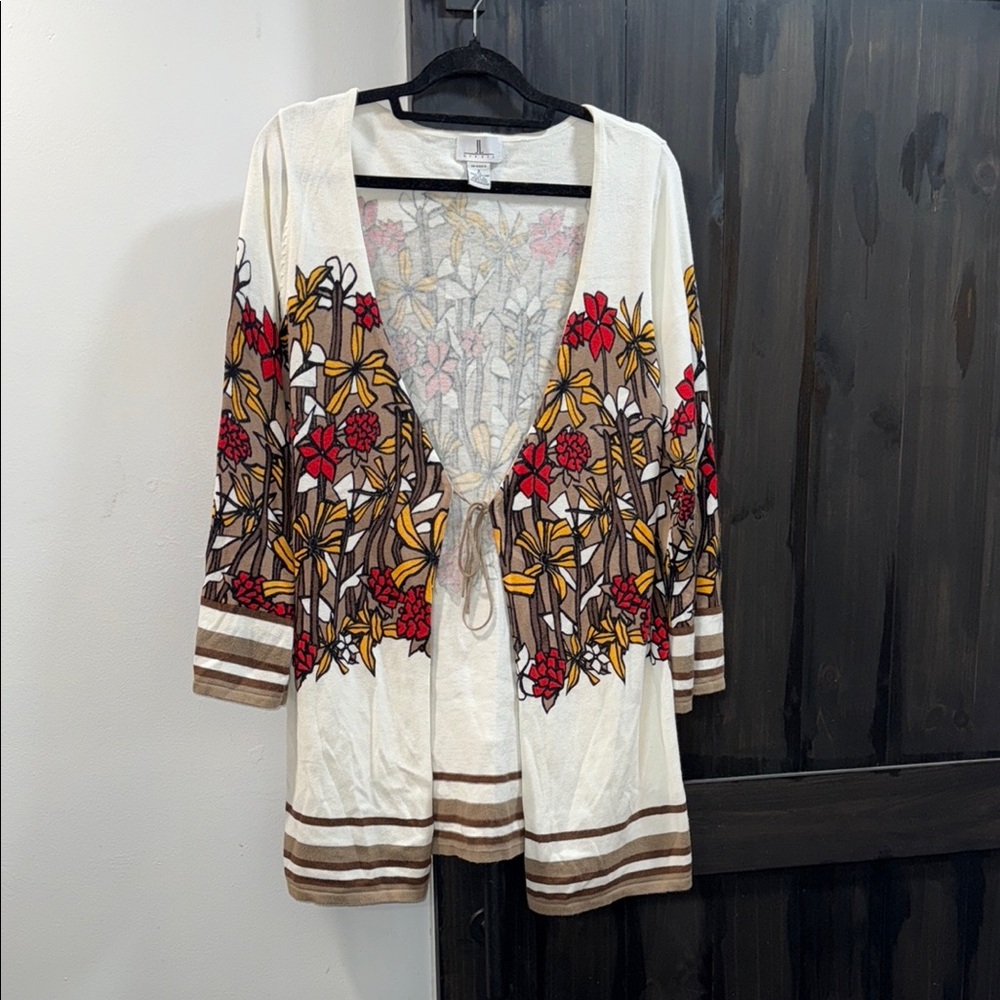 Floral Tie-Front Cardigan - Cream, Red, Yellow